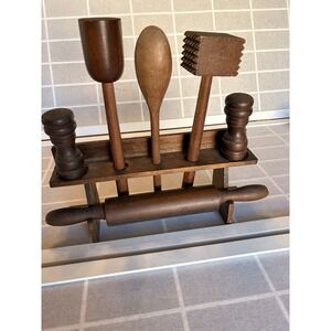 Vintage Primitive Wooden Carved Kitchen Utensil Hanging Caddy 6Pc Set